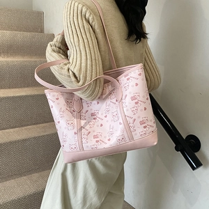 Pink large capacity tote bag with cartoon cat and rabbit prints for casual shoulder wear