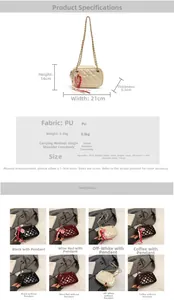 Size chart showing PU leather crossbody bag dimensions 21x14x5.5cm with strap length details
