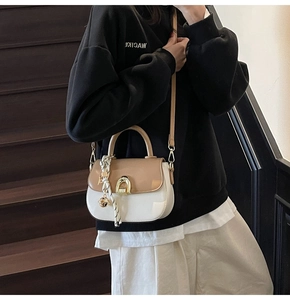 Detailed view of bicolor polished handbag with gold horseshoe buckle and silk scarf