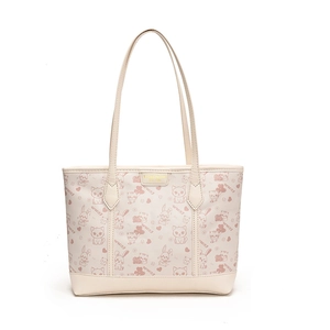Large cream tote bag with pink cartoon cat and rabbit prints for daily commuting