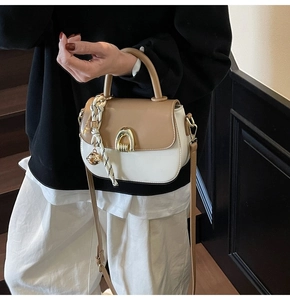 Detail of saddle bag with gold horseshoe clasp and silk scarf wrapped around handle