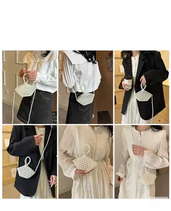 Collage of model styling a handmade white pearl beaded bag in various elegant outfits