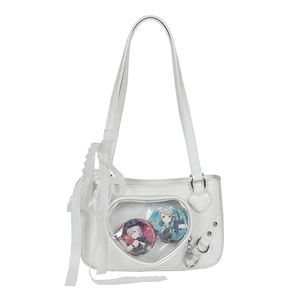 Ita Bag PU Leather Heart Shaped Transparent Window Lace Ribbon Bow Glossy Sweet Japanese JK Style Shoulder Crossbody Bag