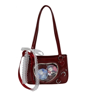 Dark red patent leather Ita bag with heart window and lace bow for anime fans