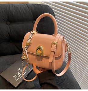 Detailed shot of pink crossbody bag with golden horseshoe buckle and braided tassel