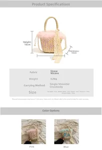Detailed size chart for straw bucket bag with strap length and color options