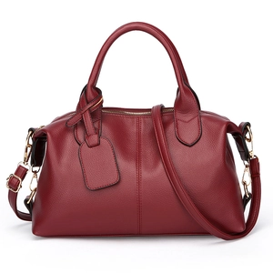 Classic burgundy Boston tote bag in lychee texture leather with top handles and gold hardware