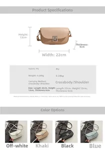 Detail specifications of a stylish PU crossbody bag with size labels and metal G buckle