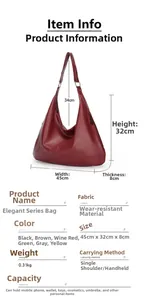 Spécifications détaillées de taille du grand sac cabas en similicuir bordeaux avec mesures