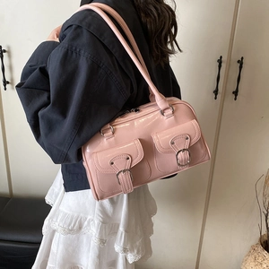 Pink glossy faux leather large capacity shoulder bag for women with dual front pockets