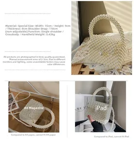 Detail of handmade pearl beaded mini bag with woven texture and elegant top handle