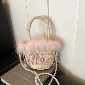 Women Straw Bucket Bag With Faux Feather Trim Artificial Pearl Shoulder Strap Lace Ribbon Summer Beach Vacation Bohemia Style