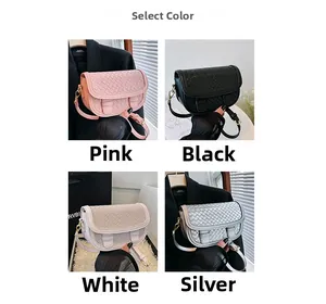 Four colors of woven saddle bags for women including pink black white and silver versions