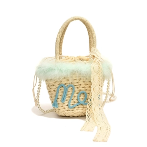 Woven straw bucket bag with mint faux fur trim, pearl strap and Me letter design
