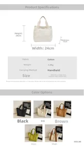 Detailed size specifications and material chart for the minimalist canvas tote bag