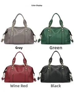 Detail showing Boston pillow bags in gray, green, wine red, and black leather textures