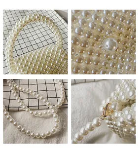 Close-up of white pearl beaded handbag showing intricate weaving and gold hardware details