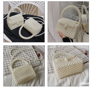 Detail view of handmade pearl beaded crossbody bag showing woven texture and size comparison