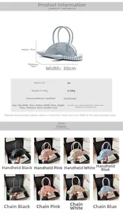 Detail view of whale-shaped PU leather handbag with dimensions and color options