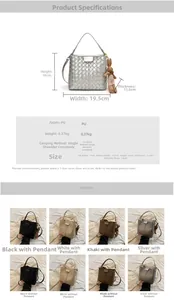 Detailed size chart and multi-color view of woven bucket bag with rabbit charm