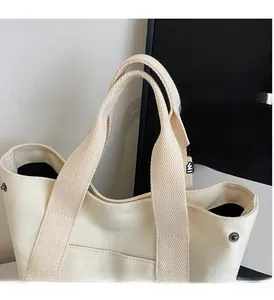 Detail of reinforced metal rivets and premium canvas texture on minimalist tote bag
