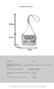 Detailed size chart for silver woven crossbody bag with dimensions and strap length
