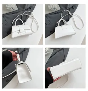 Detailed four-way view of white faux leather hourglass bag with textured finish and strap