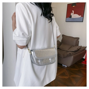 Detail of silver woven saddle bag showing metallic texture and gold buckle hardware