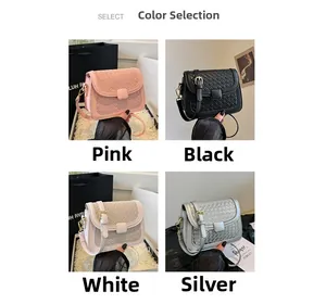 Detail view of woven texture crossbody bags in pink, black, off-white and silver colors