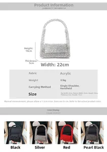 Detailed size specifications for acrylic beaded bag with dimensions and color options