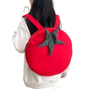 Cute tomato-shaped red backpack with green leaf detail for women and students