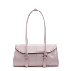 Pink faux oil wax leather baguette shoulder bag with stylish buckles and long handles