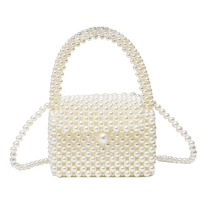 Handmade pearl beaded flap handbag with rounded handle and crossbody strap