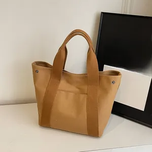 Detail of camel canvas tote bag showing reinforced handles and side metal snap buttons