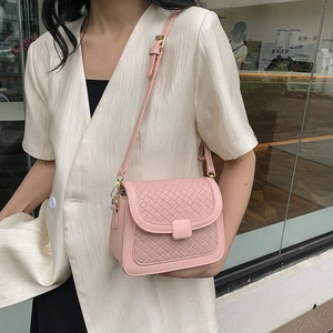 Pink woven crossbody small square bag for women with golden metal buckle design