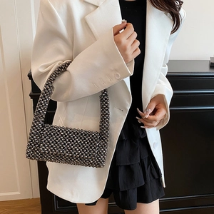 Retro hollowed silver-black beaded handbag for women stylish shoulder underarm bag