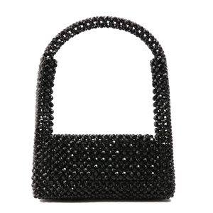 Retro black handcrafted beaded handbag with hollow design and glossy faceted beads