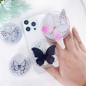 Magnetic Phone Grip Acrylic Glitter Quicksand Butterfly Pattern Foldable Desktop Stand Sparkling Smartphone Holder