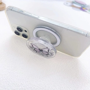Magnetic folding phone socket with sparkling purple butterfly and quicksand glitter