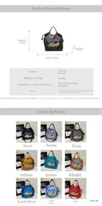 Tableau détaillé montrant les dimensions du sac en toile et les neuf couleurs disponibles