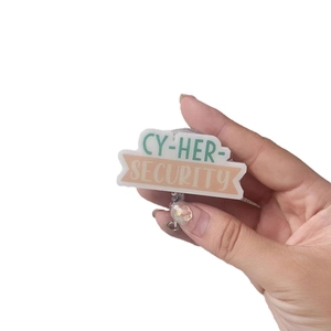 Acrylic retractable badge reel with CY-HER-SECURITY print and colorful mint green finish
