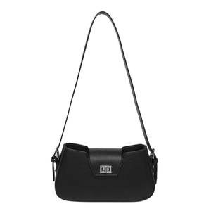 Classic black pebbled leather underarm bag with silver buckle and curved silhouette