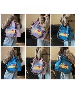 Vues détaillées du sac en nylon avec broderie de légumes colorés et bandoulière