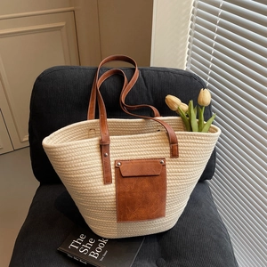Woven Cotton Rope Tote Bag Large Capacity Shoulder Handbag With PU Leather Pocket Bohemian Casual Vacation Style For Women