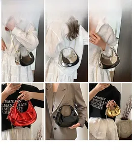 Collage of glossy patent leather crescent bags in silver, red, black, and gold colors