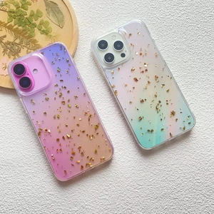 Detail of gradient phone case for iPhone with embedded gold foil and glitter glisten