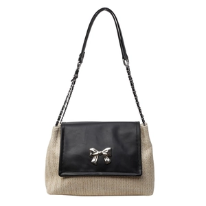 Sac à bandoulière tissé chic avec rabat en cuir noir et détail de nœud argenté