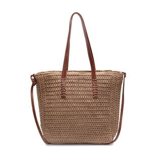 French style straw tote bag with brown leather straps for summer beach vacations