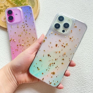 Gradient iPhone 16 Pro Max case with embedded gold foil and glitter on a white background