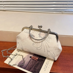 Vintage Floral Embroidery Crossbody Bag Fabric Metal Kiss-Lock Clutch Evening Party Handbag For Women With Chain Strap